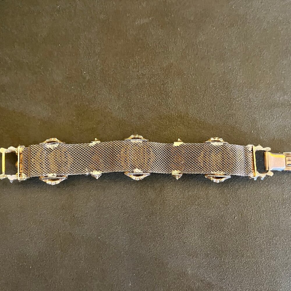 Vintage Gold Tone Mesh Faux Pearl and Rhinestone Bracelet - Picture 15 of 16